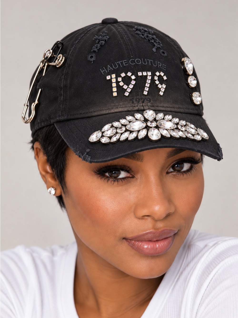 Upcycled rhinestone Black Embellished 1979 Crystal Baseball Cap adjustable